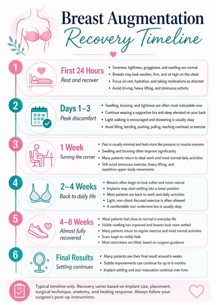 breast augmentation recover timeline infographic with milestones