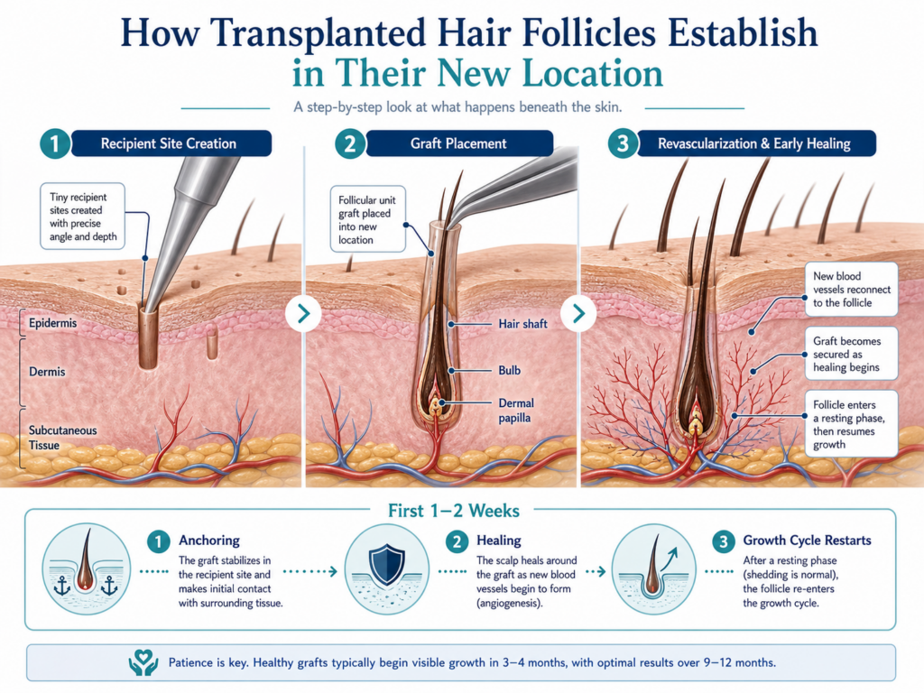 animated graphic showing how transplanted follicle becomes established in its new location