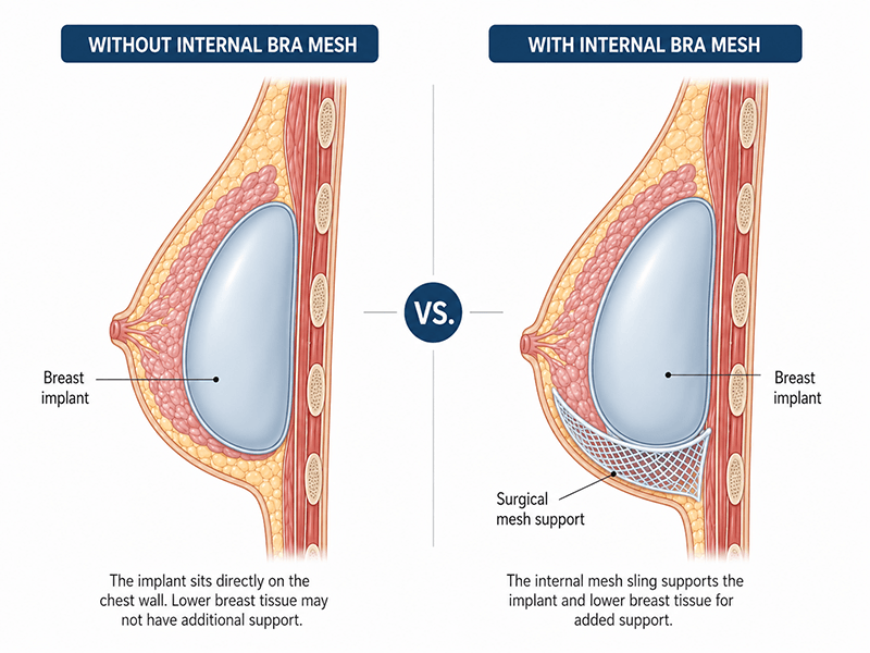 illustration showing breast implant pocket with and without internal bra mesh
